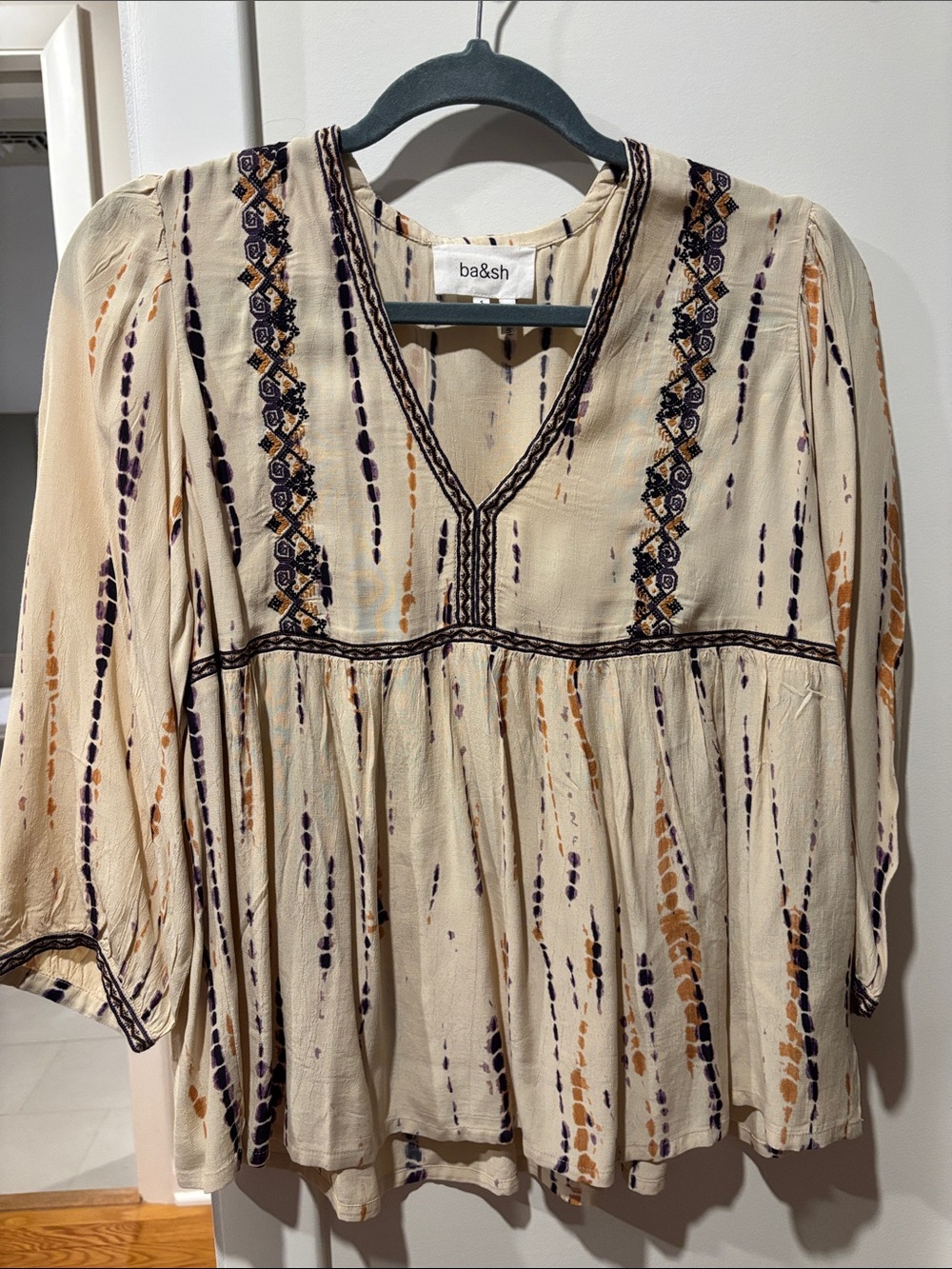 ba&sh Cream Boho Embroidered V-Neck Tunic with Navy and Brown Accents